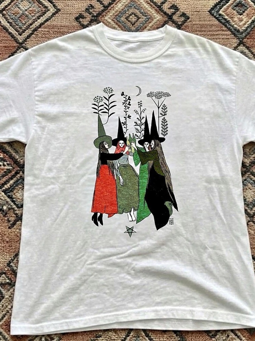 Witches Coven Folk Art Botanical Moon Stars Vintage White T-Shirt